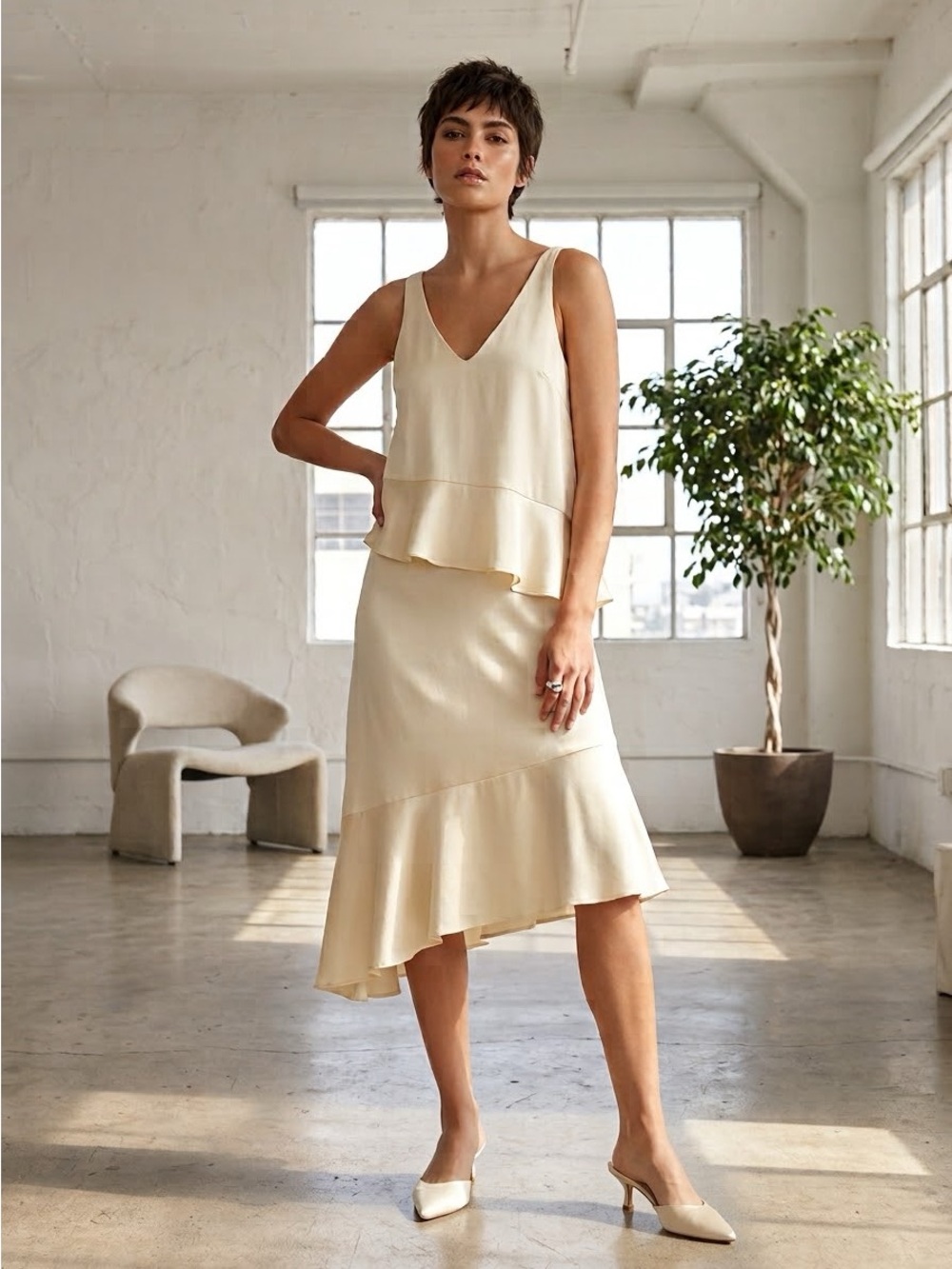 Tibi Cream 100% Silk Asymmetrical Tiered Midi Dress 
 - US 6